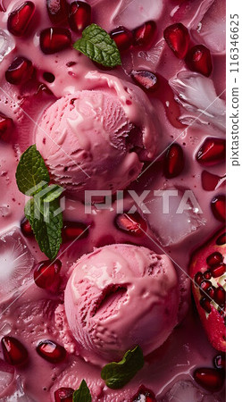 Fruit background with pomegranate seeds in juice, with ice cream balls, ice cubes and mint leaves. 116346625