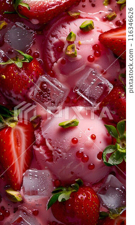 Fruit background with strawberries in juice, with ice cream balls, ice cubes and pistachio nuts. 116346626