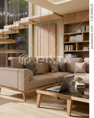 The interior design of a modern, luxurious living room features modern home decor furniture. 116346629