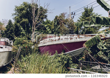 Old and rusty motor boats on a landfill surrounded by tropical forest 116346920