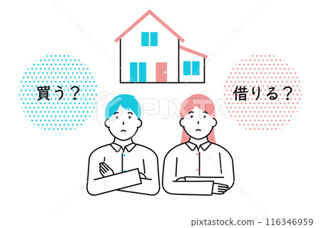 Illustration of a young couple wondering whether to buy or rent a house 116346959