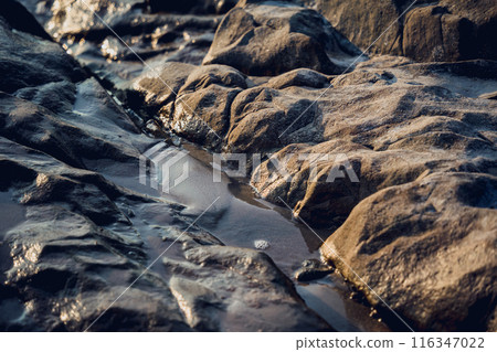 A large rocks surrounded by waves of the ocean A large rocks surrounded by waves of the ocean 116347022