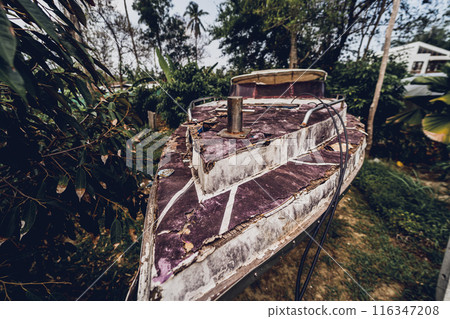 Old and rusty motor boats on a landfill surrounded by tropical forest 116347208
