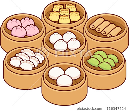 Dim sum in steamer basket drawing set Dim sum in steamer basket drawing set 116347224