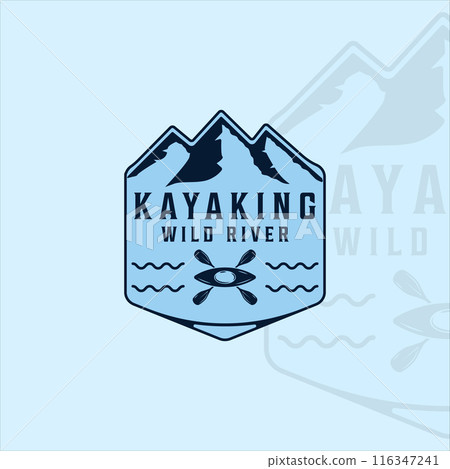 kayak at river mountain logo vintage vector illustration template icon graphic design. kayaking or canoe sign or symbol for adventure sport 116347241