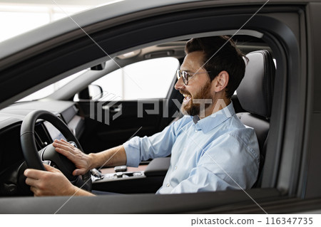 Businessman sitting inside car at dealership, smiling and checking vehicle Businessman sitting inside car at dealership, smiling and checking vehicle 116347735