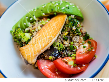 Healthy quinoa bowl with avocado, mushrooms and fresh vegetables 116347839