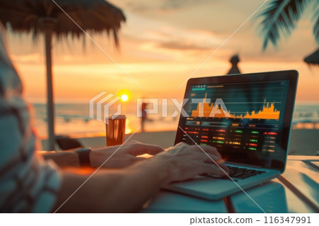 A person is sitting on a beach with a laptop open, working on a financial report A person is sitting on a beach with a laptop open, working on a financial report 116347991