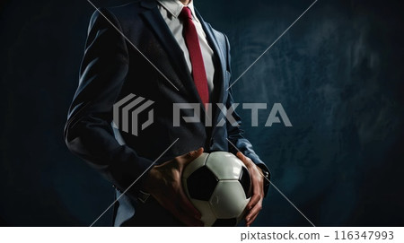 A football manager wear suit and red tie hand holding football A football manager wear suit and red tie hand holding football 116347993