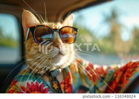 A cat wearing sunglasses and a floral shirt is sitting in a car 116348024