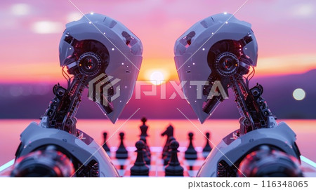 Two robots are playing chess on a board Two robots are playing chess on a board 116348065