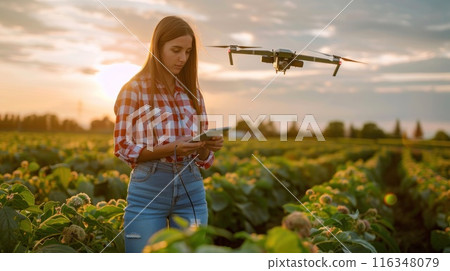 A woman is standing in a field with a drone flying above her A woman is standing in a field with a drone flying above her 116348079