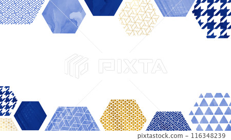 Blue and gold hexagonal Japanese pattern frame 116348239