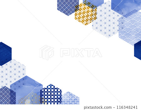 Blue and gold hexagonal Japanese pattern frame 116348241
