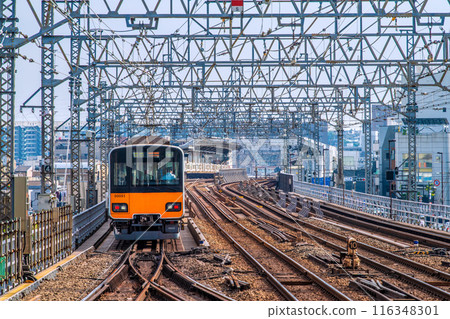 Kawasaki cityscape in Japan in July. View of Futako-Shinchi Station and Tobu 50000 series train from Futako Tamagawa side (July 3rd) 116348301