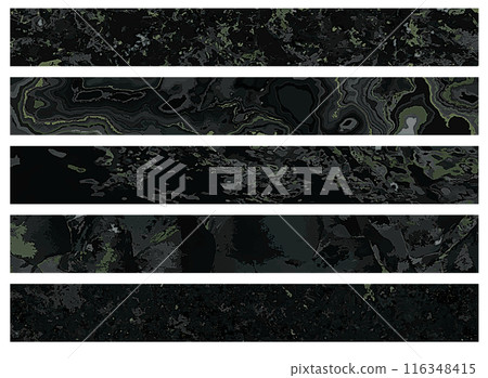 A horizontal banner background for web design with textures such as rock surface, marble, and cracks on a black background. 116348415