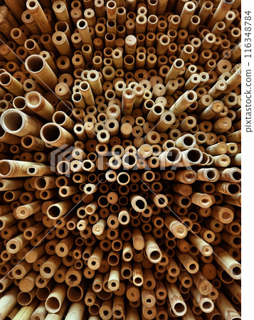 Background of bamboo tubes are arranged in a stack on top of one another Background of bamboo tubes are arranged in a stack on top of one another 116348784