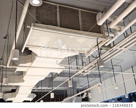 Ceiling with ventilation pipes and lights in industrial building 116348833
