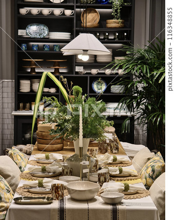 A dining room table set with plates and candles for an elegant dinner 116348855