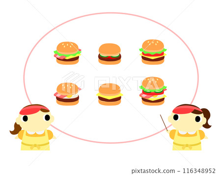 A clerk introducing a hamburger menu Oval frame A clerk introducing a hamburger menu Oval frame 116348952