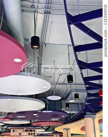 Ceiling with ventilation pipes and lights in industrial building 116349056