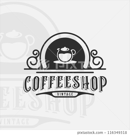 coffee pot logo vintage with outline vector illustration template icon graphic design. shop drink or beverage sign and symbol for business with retro typography style 116349318