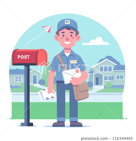 Smiling Mailman Delivering Letters in Neighborhood 116349405