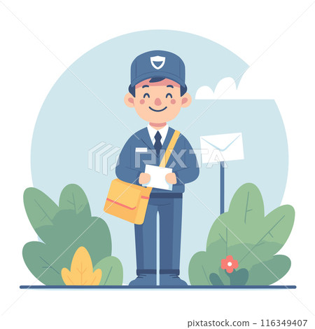 Smiling Mailman Delivering Letters in Neighborhood 116349407