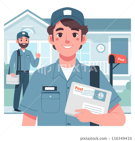 Smiling Mailman Delivering Letters in Neighborhood 116349410