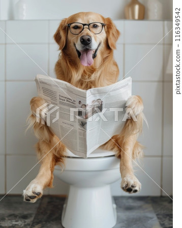 A dog is sitting on a toilet and reading a newspaper 116349542