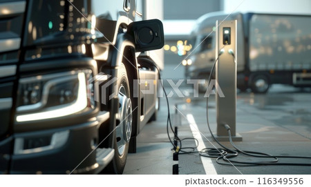 A large black truck is being charged at a charging station 116349556