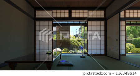 A summer garden bathed in strong sunlight and a Japanese-style room in a Japanese house / Summer vacation, returning home, rural home, Showa retro image 116349614