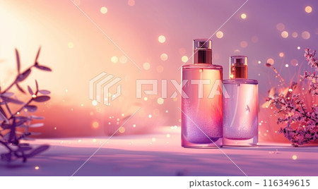 Bottles of perfume are displayed on a table with flowers in the background 116349615