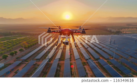 A drone is flying over a field of solar panels 116349616