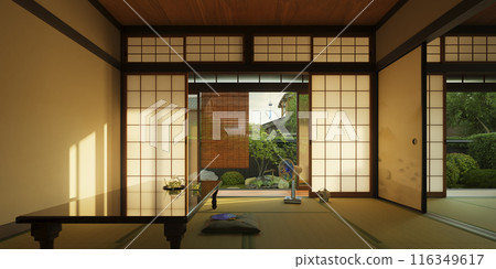A Japanese-style room in a Japanese house in summer with the setting sun shining in / Summer vacation, returning home, rural home, Showa retro image 116349617