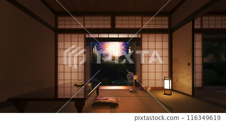 A Japanese-style room in a Japanese house in summer, with a view of fireworks over the roof / Summer vacation, returning home, rural home, Showa retro image A Japanese-style room in a Japanese house in summer, with a view of fireworks over the roof / Summer vacation, returning home, rural home, Showa retro image 116349619
