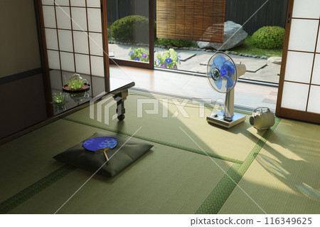 A Japanese-style room in a summer Japanese house with the refreshing morning sun shining in and a retro electric fan / Image of summer vacation, returning home, and rural home A Japanese-style room in a summer Japanese house with the refreshing morning sun shining in and a retro electric fan / Image of summer vacation, returning home, and rural home 116349625