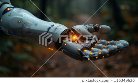 A robotic hand with glowing fingers is shown in a forest setting A robotic hand with glowing fingers is shown in a forest setting 116349626