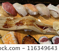 [Sushi/Seafood] Nigiri sushi and gunkan platter (one conger eel) served on sushi sandals 116349643