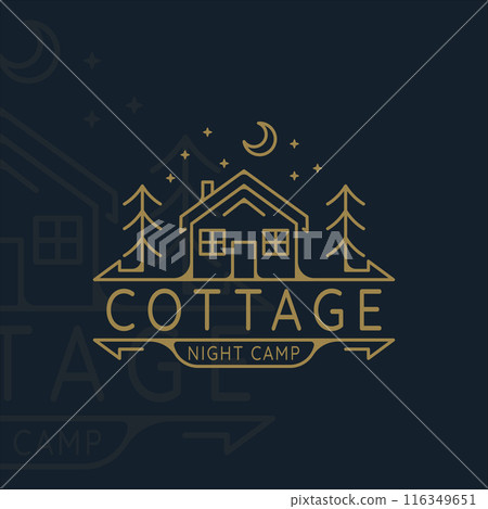 cabin or cottage line art logo vector illustration template icon graphic design. night camp at nature with pine and star moon cabin or cottage line art logo vector illustration template icon graphic design. night camp at nature with pine and star moon 116349651
