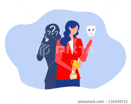 Imposter syndrome.woman standing for her present profile with fear after door . Anxiety and lack of self confidence at work; the person fakes is someone else concept Imposter syndrome.woman standing for her present profile with fear after door . Anxiety and lack of self confidence at work; the person fakes is someone else concept 116349732