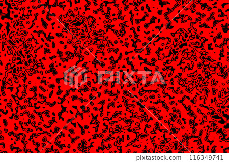 A microscopic image texture with a red background and black irregular bubbles and structure patterns creating a halo effect. A microscopic image texture with a red background and black irregular bubbles and structure patterns creating a halo effect. 116349741