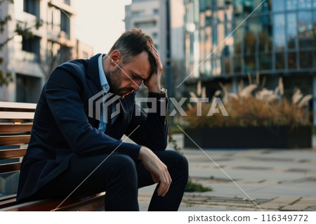 A man in a suit is sitting on a bench and looking down. He is in a state of distress or sadness A man in a suit is sitting on a bench and looking down. He is in a state of distress or sadness 116349772