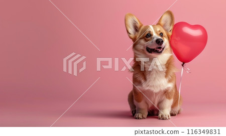 Cute Corgi Dog with Heart Balloon on Pink Cute Corgi Dog with Heart Balloon on Pink 116349831