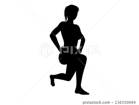 Muscle training, stretching, squatting, silhouette of a woman, full body, front, diagonal 116350084