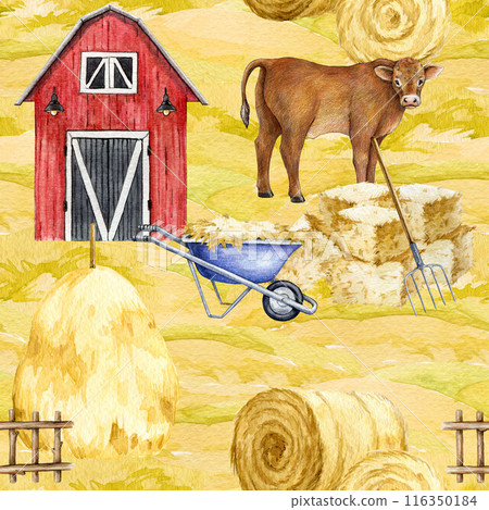 Farm life seamless pattern. Watercolor painted vintage style illustration. Hand dawn red barn, hay stack, cow, straw elements. Rancho during harvest season seamless pattern 116350184