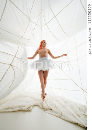 Woman in White Tulle Skirt Posing in a White Fabric Structure 116350199