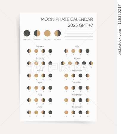 Moon phase calendar 2025. Modern minimal lunar calendar 2025 for southern time print poster for astronomy science and astrology practice. Moon cycle vertical page A4 calendar for new 2025 year.  116350217