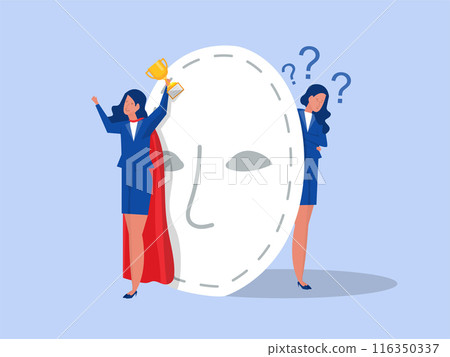 Imposter syndrome.woman standing for her present profile with fear after door . Anxiety and lack of self confidence at work; the person fakes is someone else concept 116350337
