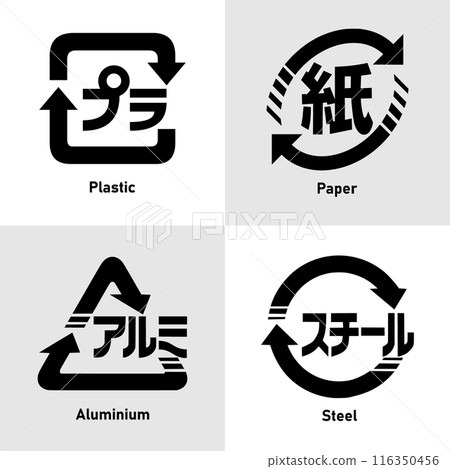 Japanese recycling icon set labelled. Plastic, Paper, Aluminium and Steel. Set of Japanese recycling symbols with label plastic, paper, aluminium and steel for packaging and cardboard boxes. 116350456
